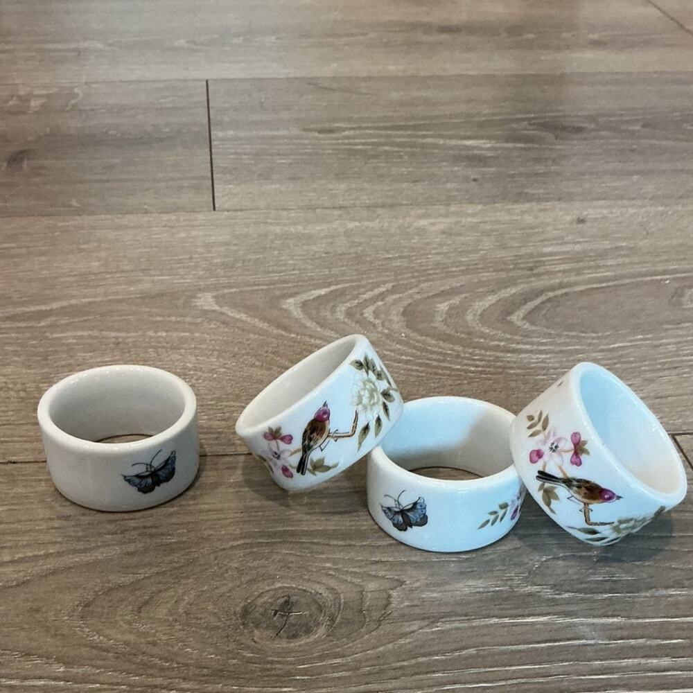Shafford Ceramic Napkin Rings Japanese Flower Blossom Bird MCM Cottagecore